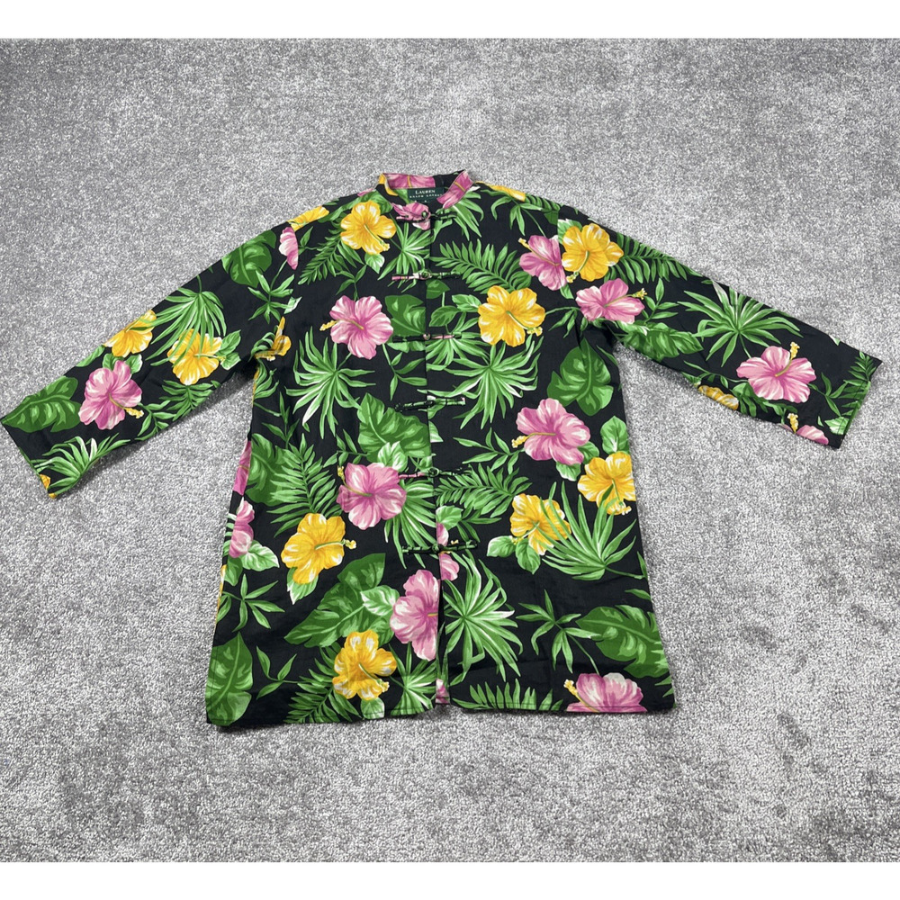 Lauren Ralph Lauren Kimono Womens Small Linen Button Knots‎ Hibiscus Vacation